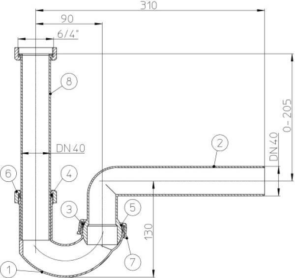 Siphon DN40x6/4" mit Kugelgelenk HL100G/40